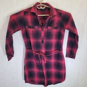 Eddie Bauer Shirt Dress Womens 8 Red Black Flannel Long Sleeve Pockets Belt